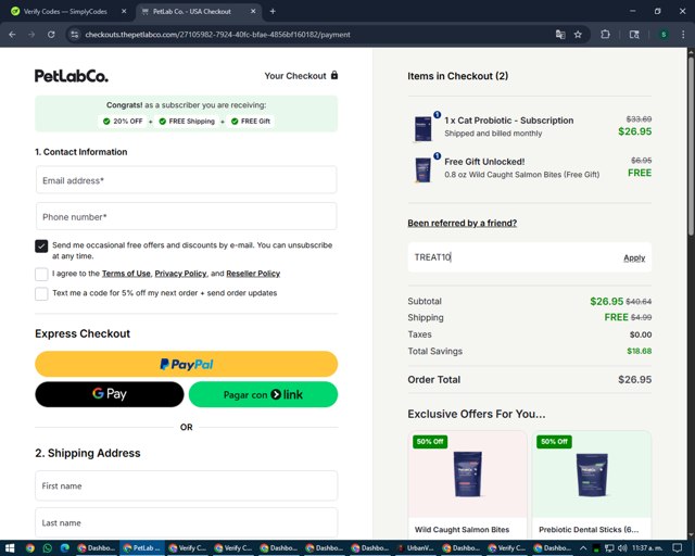 Petlab Co. checkout page showing Petlab Co. discount code box | Screenshot taken by SimplyCodes community member on Aug 9, 2025