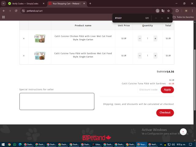 Petland checkout page showing Petland discount code box | Screenshot taken by SimplyCodes community member on Jul 25, 2025