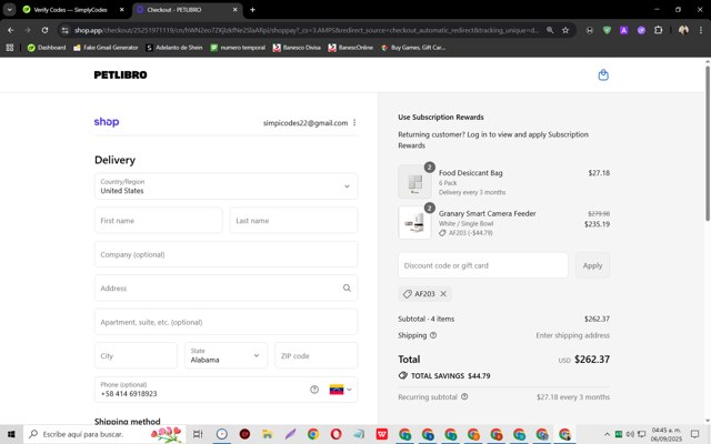 PetLibro checkout page showing PetLibro discount code box | Screenshot taken by SimplyCodes community member on Sep 6, 2025