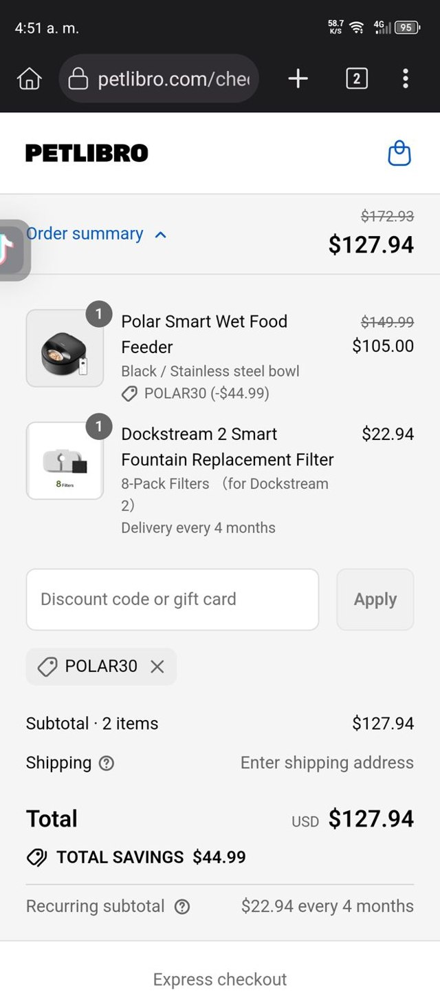 PetLibro checkout page showing PetLibro discount code box | Screenshot taken by SimplyCodes community member on Sep 6, 2025