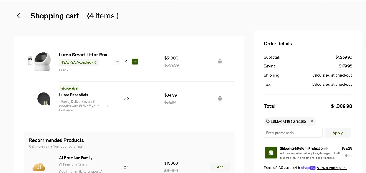 PetLibro promo code screenshot showing code LUMACAT15 applied at PetLibro checkout page. Uploaded by SimplyCodes community member beatrizcastillo on Jun 8, 2026