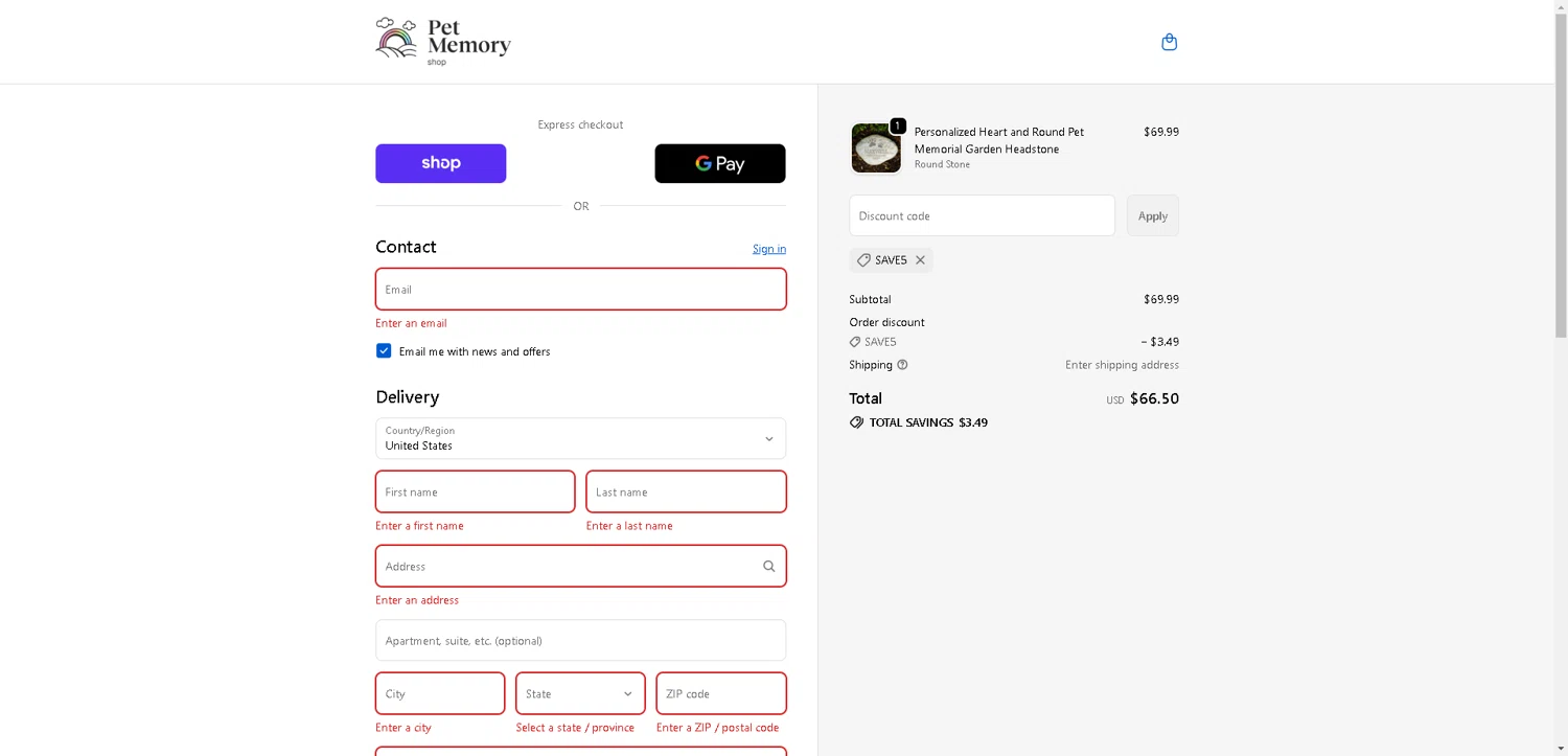 Pet Memory Shop promo code screenshot showing code SAVE5 applied at Pet Memory Shop checkout page. Uploaded by SimplyCodes community member DerekRoberson on Oct 27, 2025