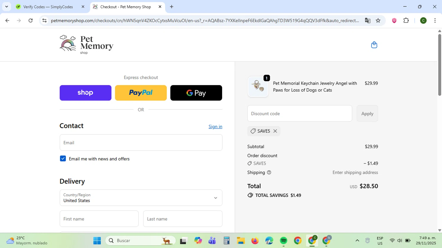 Pet Memory Shop promo code screenshot showing code SAVE5 applied at Pet Memory Shop checkout page. Uploaded by SimplyCodes community member VoucherBoss6971 on Nov 29, 2025