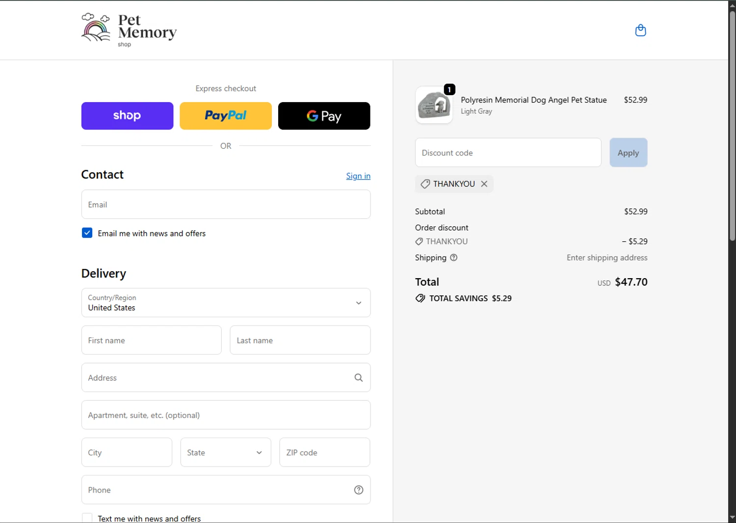 Pet Memory Shop promo code screenshot showing code THANKYOU applied at Pet Memory Shop checkout page. Uploaded by SimplyCodes community member MagnificentFalcon188 on Nov 14, 2025