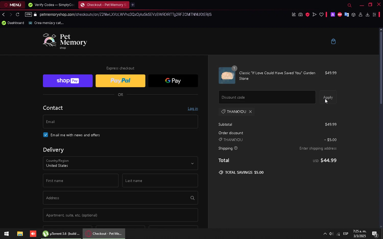 Pet Memory Shop promo code screenshot showing code THANKYOU applied at Pet Memory Shop checkout page. Uploaded by SimplyCodes community member QuestFinder5221 on Mar 3, 2025