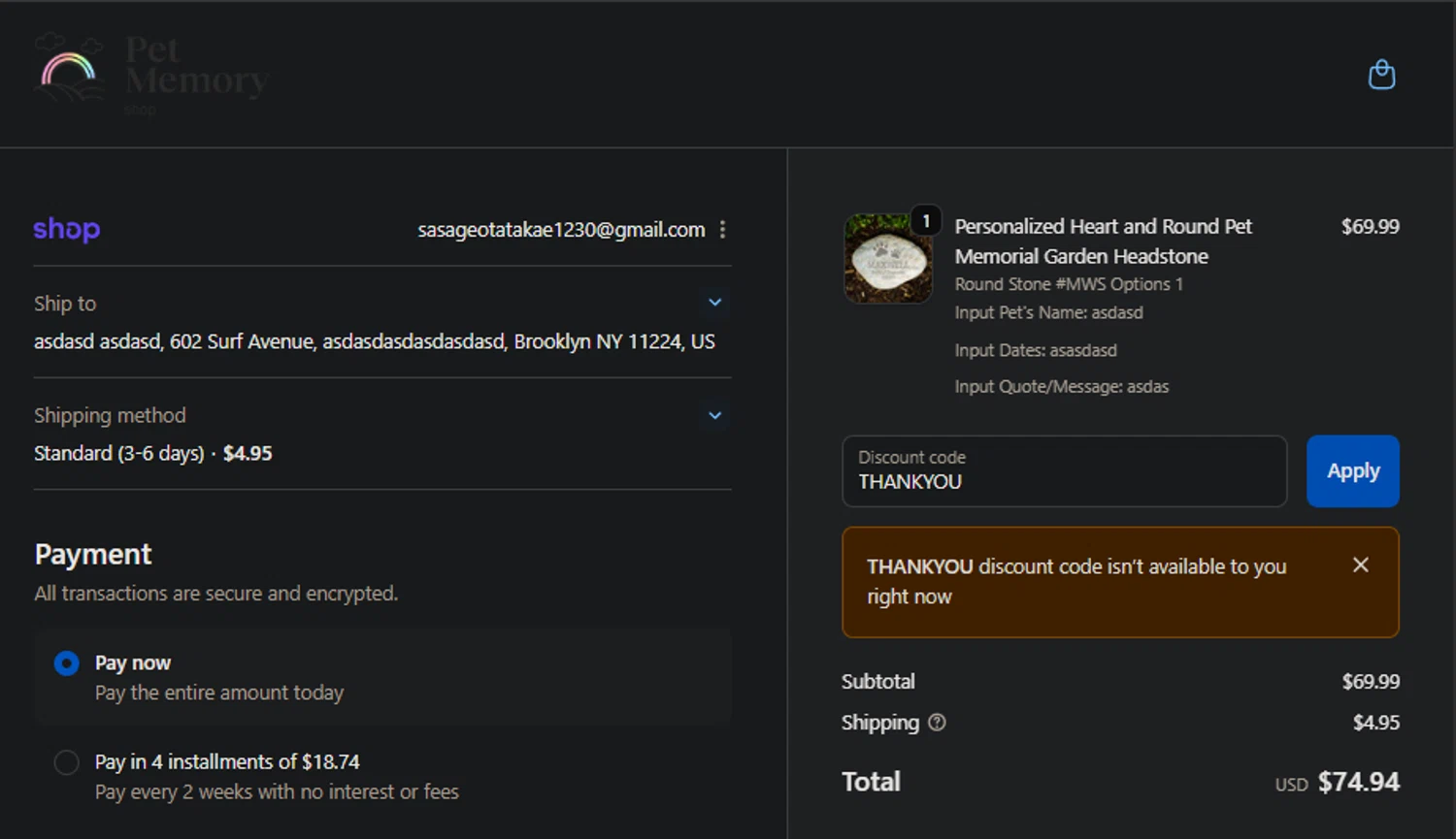 Pet Memory Shop promo code screenshot showing code THANKYOU applied at Pet Memory Shop checkout page. Uploaded by SimplyCodes community member jaimitoalcachofa on Oct 2, 2025