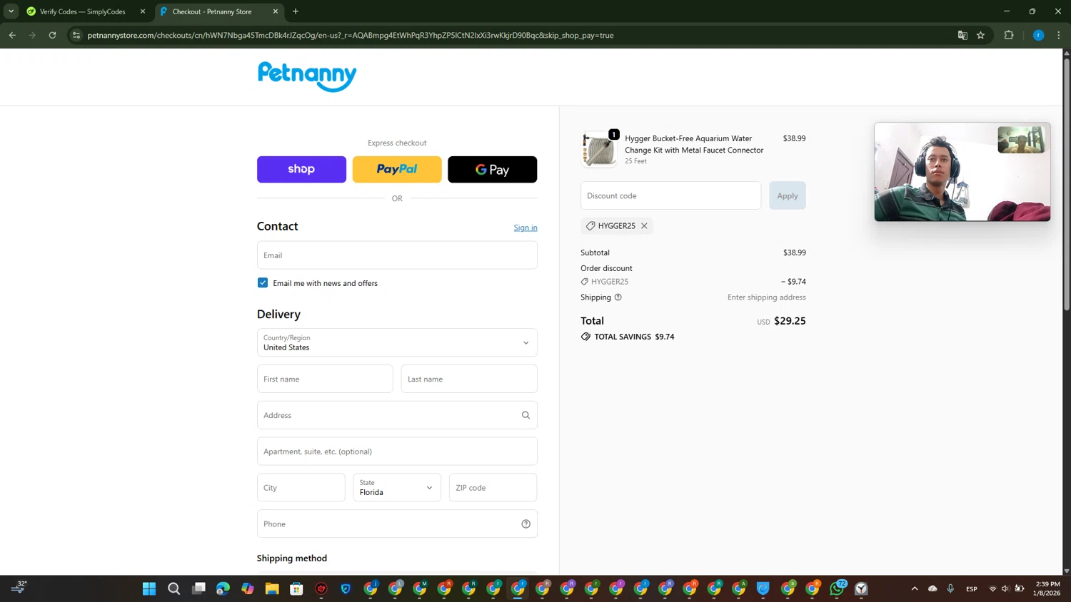 PetnannyStore promo code screenshot showing code Hygger25 applied at PetnannyStore checkout page. Uploaded by SimplyCodes community member RewardVoyager146 on Jan 8, 2026