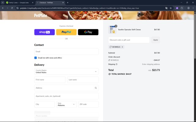 PetPlate checkout page showing PetPlate coupon code box | Screenshot taken by SimplyCodes community member on Aug 7, 2025