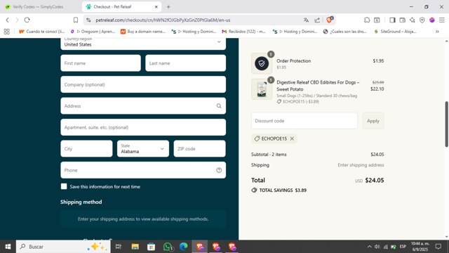 Pet Releaf checkout page showing Pet Releaf coupon code box | Screenshot taken by SimplyCodes community member on Sep 6, 2025