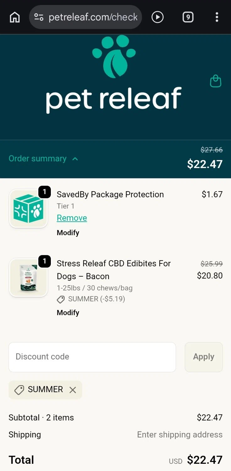 Pet Releaf promo code screenshot showing code SUMMER applied at Pet Releaf checkout page. Uploaded by SimplyCodes community member ValiantCurator3344 on May 25, 2026