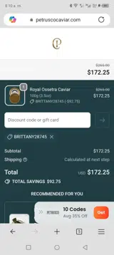 Petrusco Caviar coupon verification screenshot