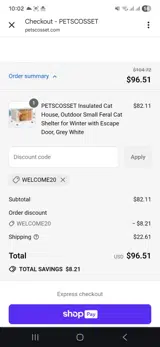 Welcome20 coupon verification screenshot
