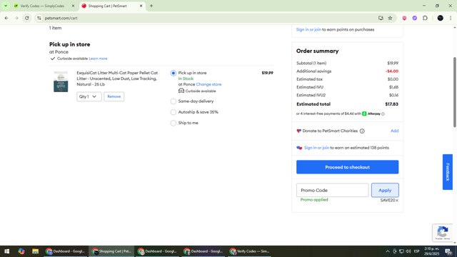 PetSmart checkout page showing PetSmart promo code box | Screenshot taken by SimplyCodes community member on Jun 29, 2025