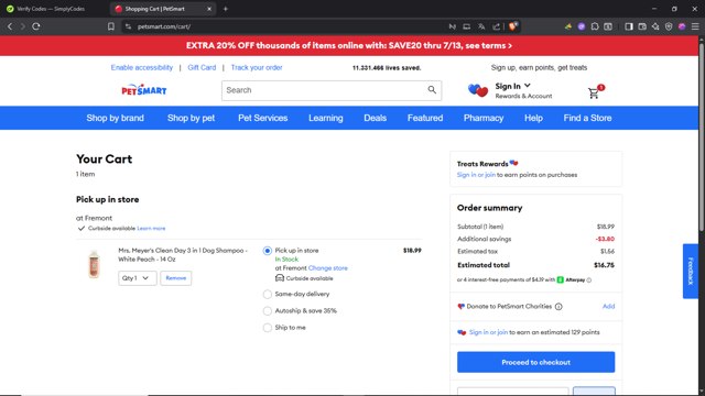 PetSmart checkout page showing PetSmart promo code box | Screenshot taken by SimplyCodes community member on Jul 10, 2025