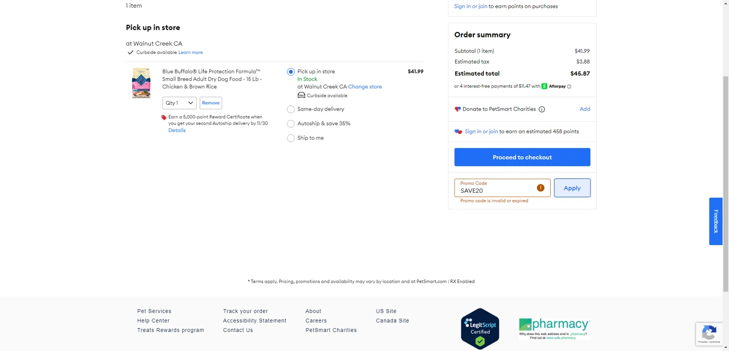 PetSmart promo code screenshot showing code SAVE20 applied at PetSmart checkout page. Uploaded by SimplyCodes community member PromoSeeker7158 on Aug 28, 2025