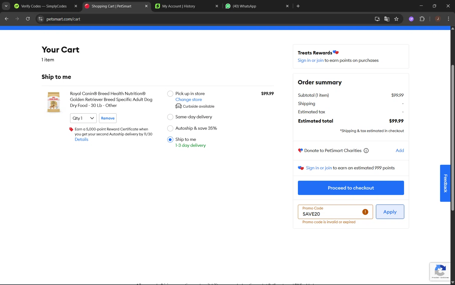 PetSmart promo code screenshot showing code SAVE20 applied at PetSmart checkout page. Uploaded by SimplyCodes community member juanx1702 on Aug 28, 2025