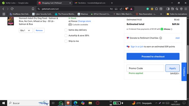 PetSmart checkout page showing PetSmart promo code box | Screenshot taken by SimplyCodes community member on Jul 14, 2025