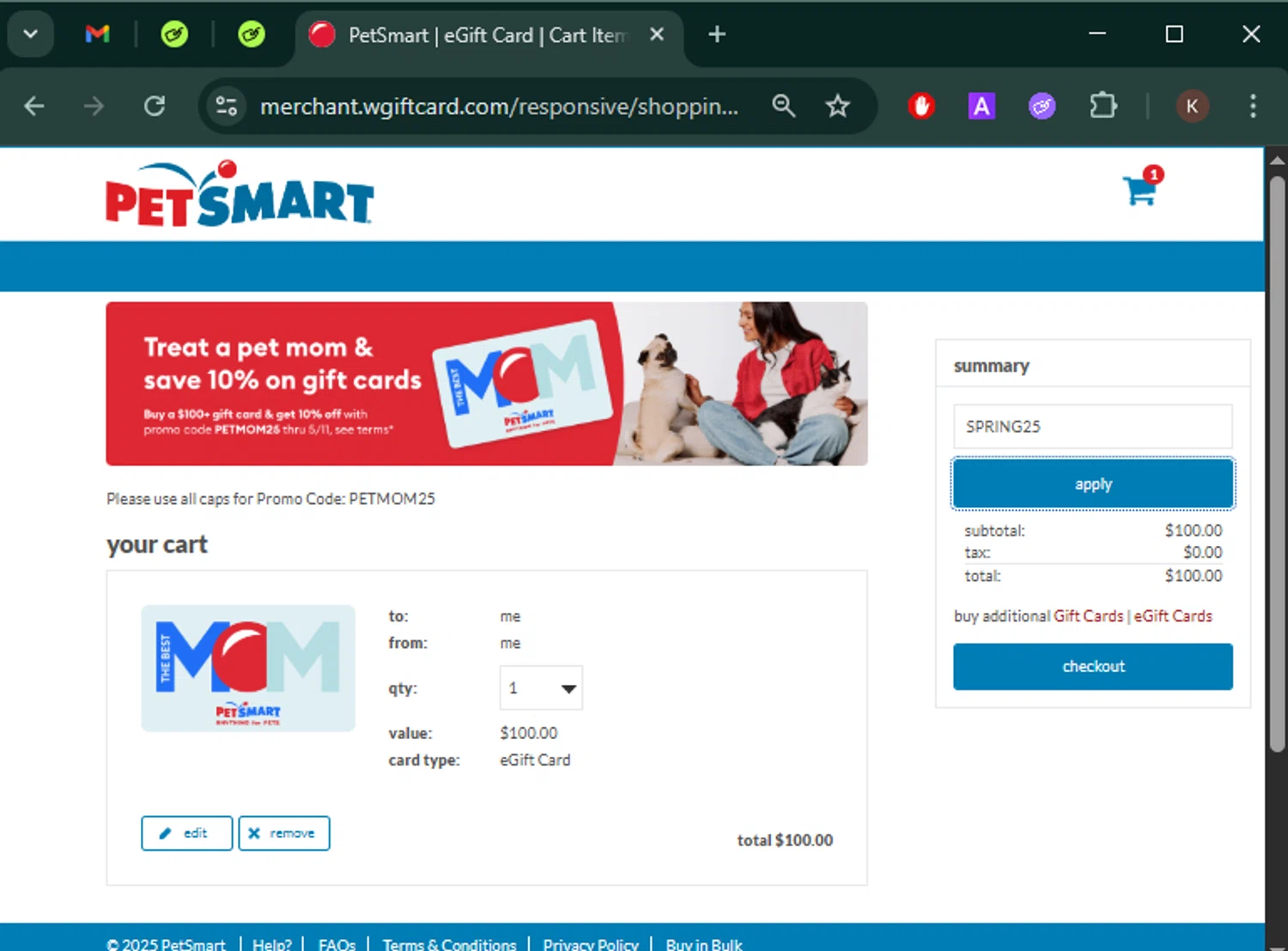 PetSmart promo code screenshot showing code SPRING25 applied at PetSmart checkout page. Uploaded by SimplyCodes community member Keilynkeyonshea on May 2, 2025