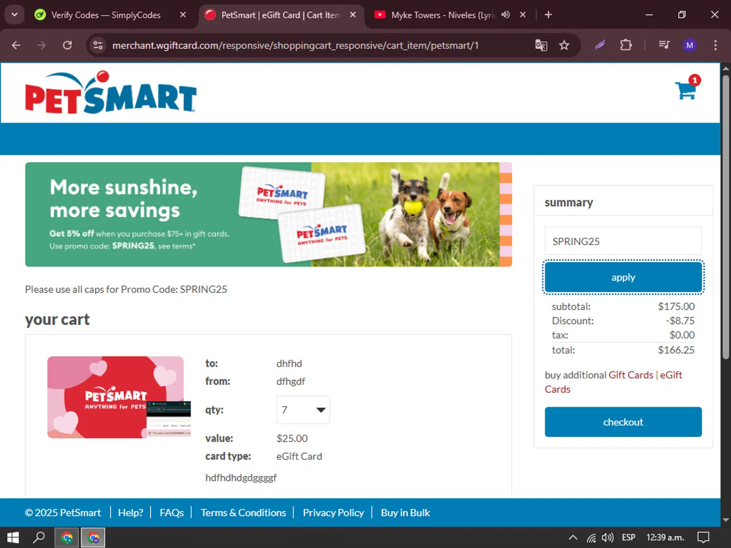 PetSmart promo code screenshot showing code SPRING25 applied at PetSmart checkout page. Uploaded by SimplyCodes community member messsss on Apr 11, 2025
