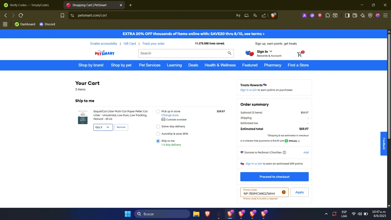 PetSmart promo code screenshot showing code NP-7B5MCWKQ7WH4 applied at PetSmart checkout page. Uploaded by SimplyCodes community member Esterasa on Aug 8, 2025