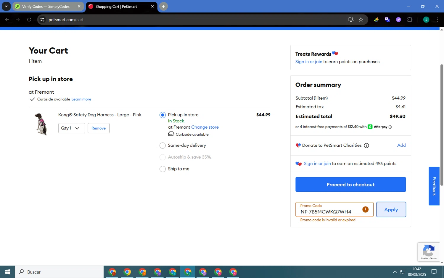 PetSmart promo code screenshot showing code NP-7B5MCWKQ7WH4 applied at PetSmart checkout page. Uploaded by SimplyCodes community member MagnificentCaptain7552 on Aug 8, 2025