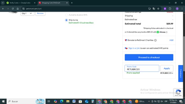 PetSmart checkout page showing PetSmart promo code box | Screenshot taken by SimplyCodes community member on Jul 7, 2025