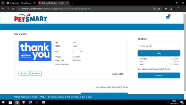PetSmart checkout page showing PetSmart promo code box | Screenshot taken by SimplyCodes community member on Jul 26, 2025