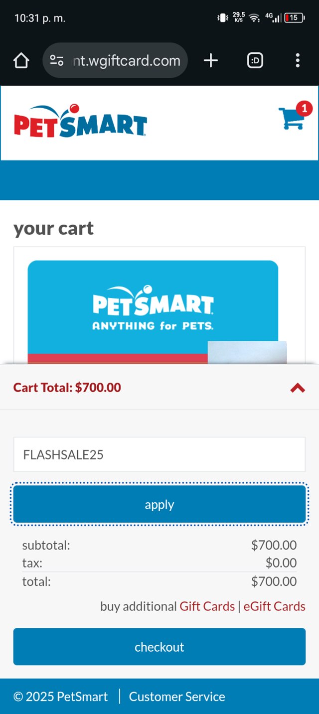 PetSmart checkout page showing PetSmart promo code box | Screenshot taken by SimplyCodes community member on Jul 20, 2025