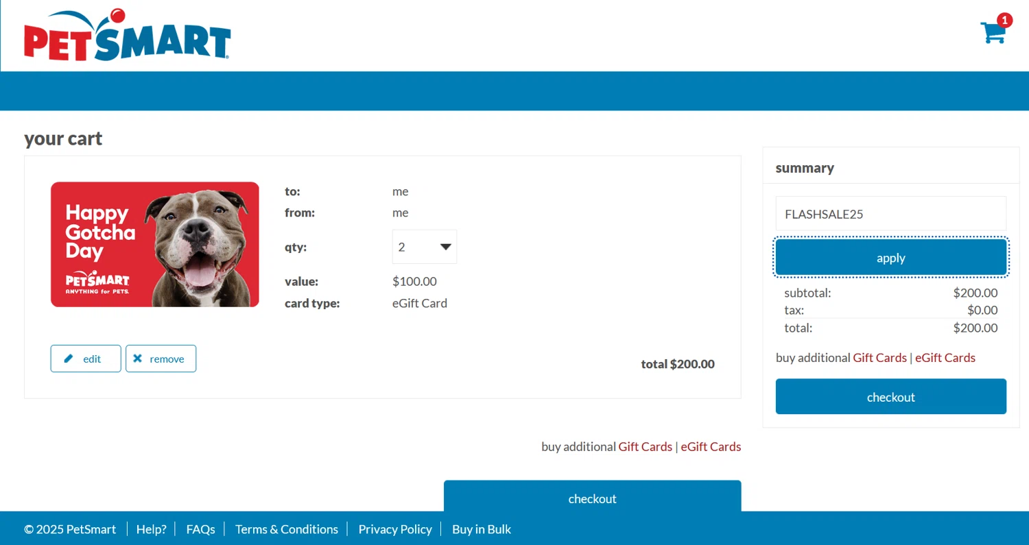 PetSmart promo code screenshot showing code FLASHSALE25 applied at PetSmart checkout page. Uploaded by SimplyCodes community member ValiantLion5897 on Jul 30, 2025
