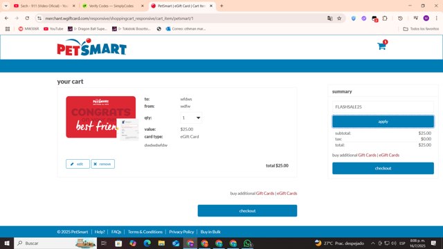 PetSmart checkout page showing PetSmart promo code box | Screenshot taken by SimplyCodes community member on Jul 17, 2025
