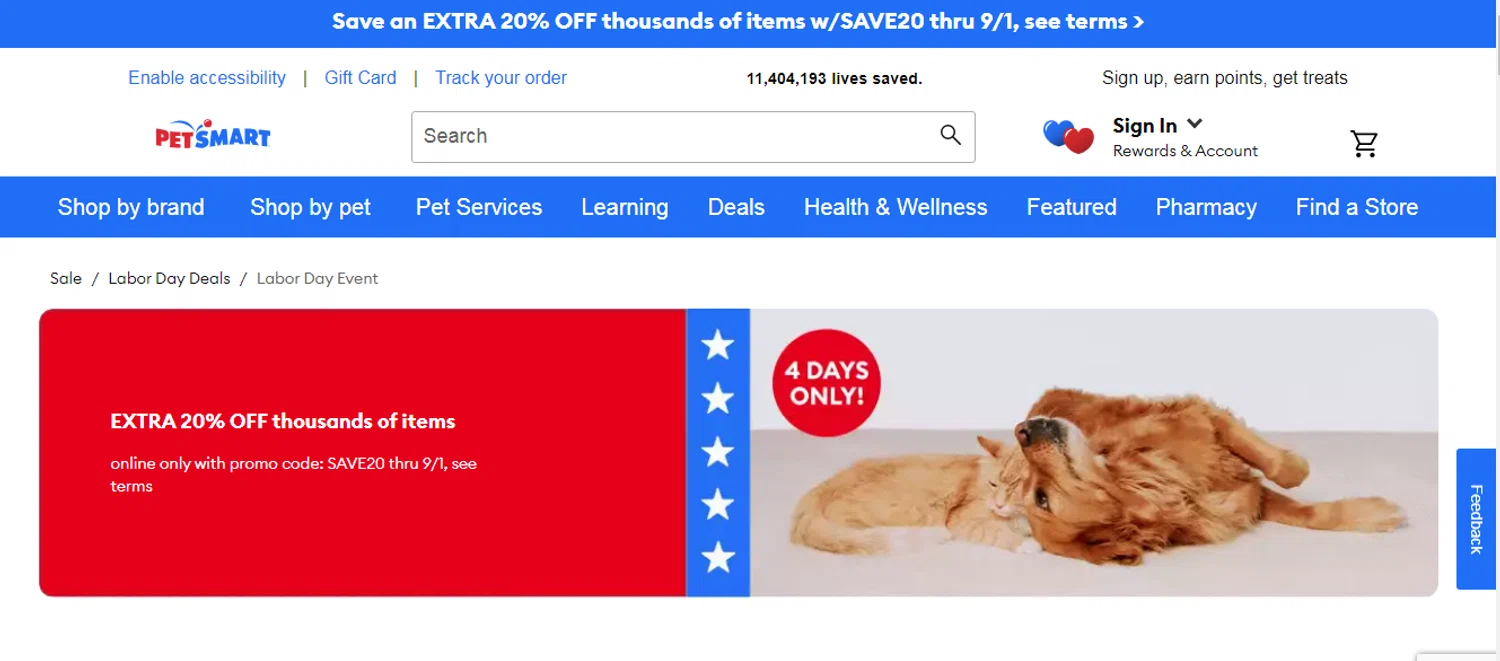 PetSmart promo code screenshot showing code SAVE20 applied at PetSmart checkout page. Uploaded by SimplyCodes community member NHOPESB on Aug 29, 2025
