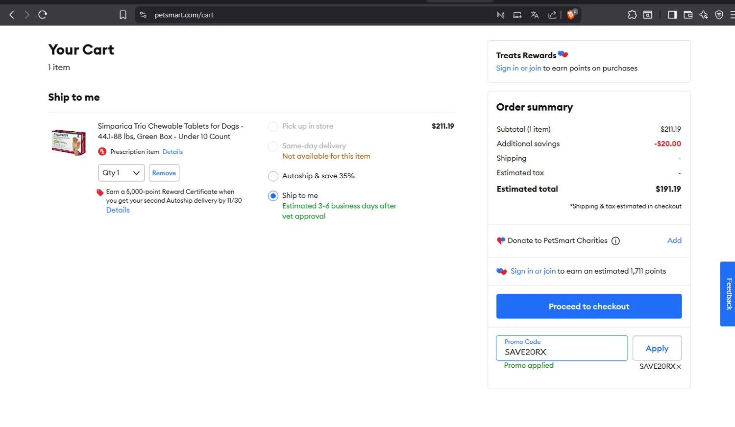 PetSmart promo code screenshot showing code SAVE20RX applied at PetSmart checkout page. Uploaded by SimplyCodes community member crischidy25 on Aug 28, 2025
