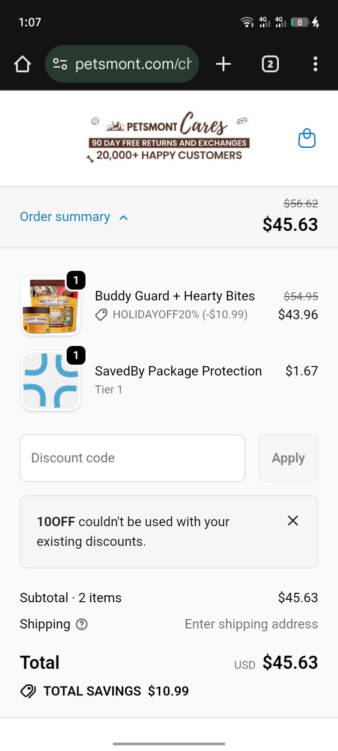 Petsmont discount code screenshot showing code 10OFF applied at Petsmont checkout page. Uploaded by SimplyCodes community member SInNOMBRE on Dec 24, 2025