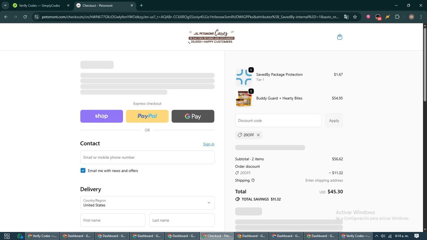 Petsmont discount code screenshot showing code 20OFF applied at Petsmont checkout page. Uploaded by SimplyCodes community member DiscountTitan4635 on Dec 6, 2025