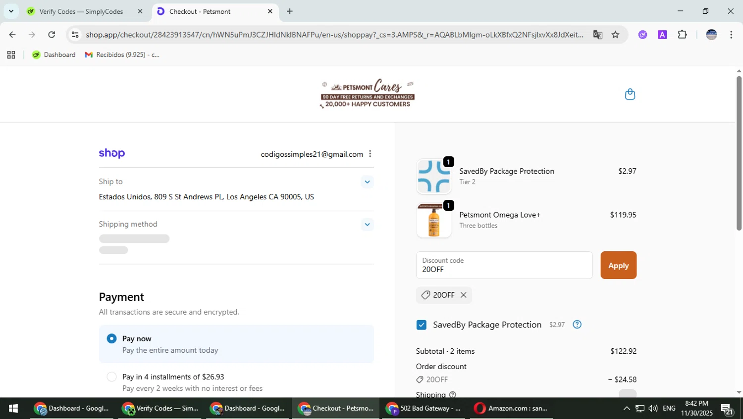 Petsmont discount code screenshot showing code 20OFF applied at Petsmont checkout page. Uploaded by SimplyCodes community member TrevorPhilips on Dec 1, 2025
