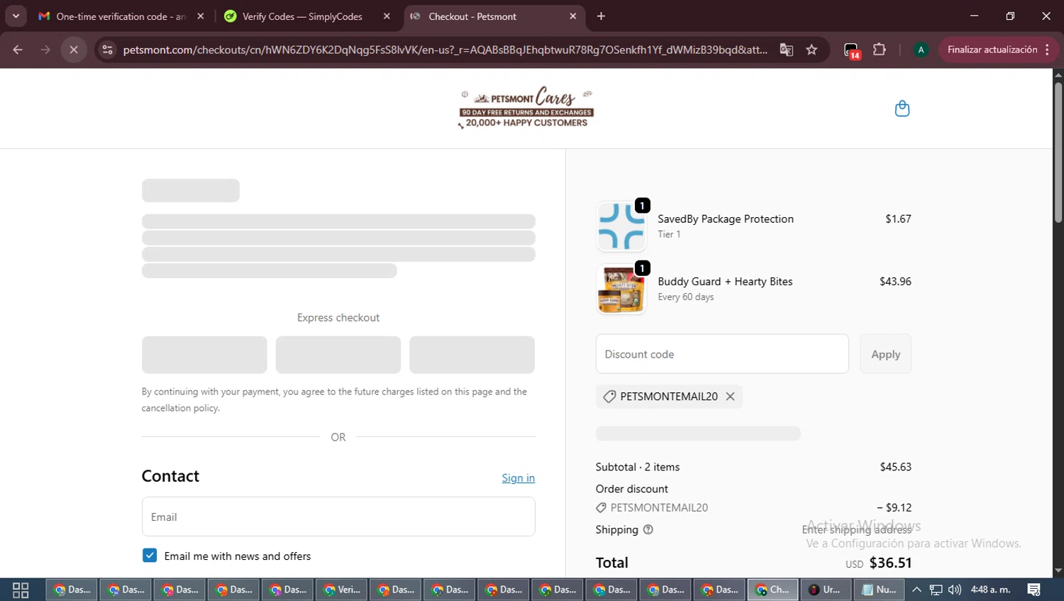 Petsmont discount code screenshot showing code PETSMONTEMAIL20 applied at Petsmont checkout page. Uploaded by SimplyCodes community member LegendaryFalcon6699 on Dec 18, 2025