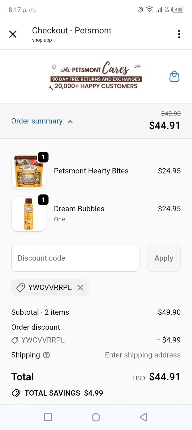 Petsmont discount code screenshot showing code YWCVVRRPL applied at Petsmont checkout page. Uploaded by SimplyCodes community member tumiedo on Jan 18, 2026