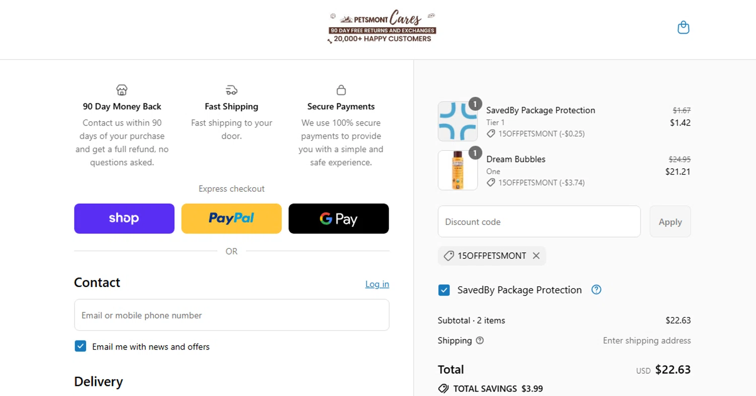 Petsmont discount code screenshot showing code 15OFFPETSMONT applied at Petsmont checkout page. Uploaded by SimplyCodes community member widdyto on Aug 31, 2025