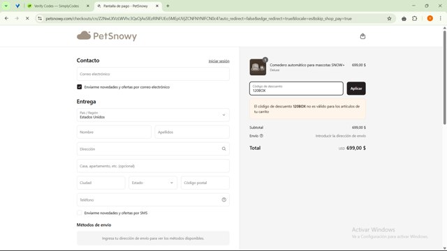 PetSnowy checkout page showing PetSnowy discount code box | Screenshot taken by SimplyCodes community member on Mar 24, 2025