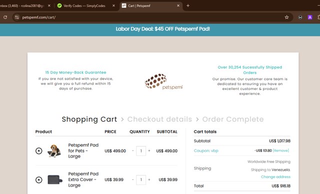 Petspemf checkout page showing Petspemf coupon code box | Screenshot taken by SimplyCodes community member on Sep 2, 2025