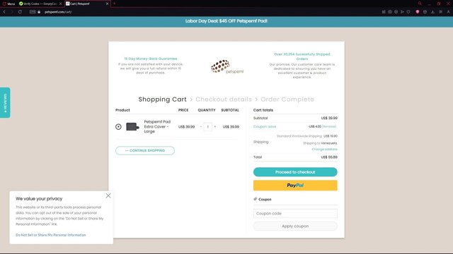 Petspemf checkout page showing Petspemf coupon code box | Screenshot taken by SimplyCodes community member on Sep 2, 2025