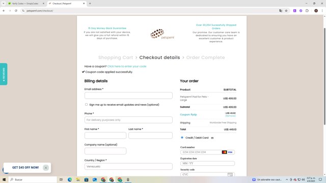 Petspemf checkout page showing Petspemf coupon code box | Screenshot taken by SimplyCodes community member on Sep 4, 2025