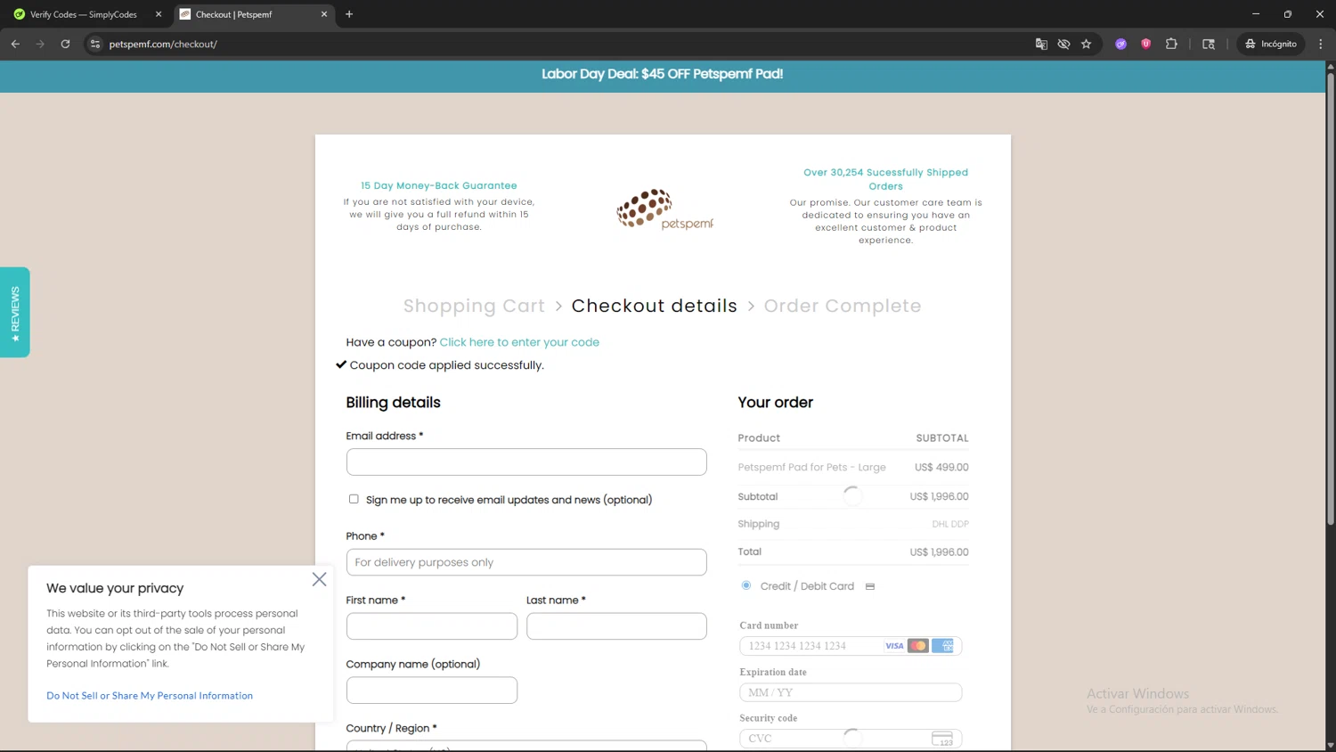 Petspemf promo code screenshot showing code SPECIAL40 applied at Petspemf checkout page. Uploaded by SimplyCodes community member AVAMUSTANG on Aug 29, 2025