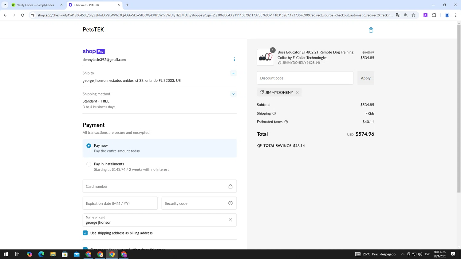 Petstek promo code screenshot showing code JIMMYDOHENY applied at Petstek checkout page. Uploaded by SimplyCodes community member ShieldAdmiral2781 on Jan 20, 2025