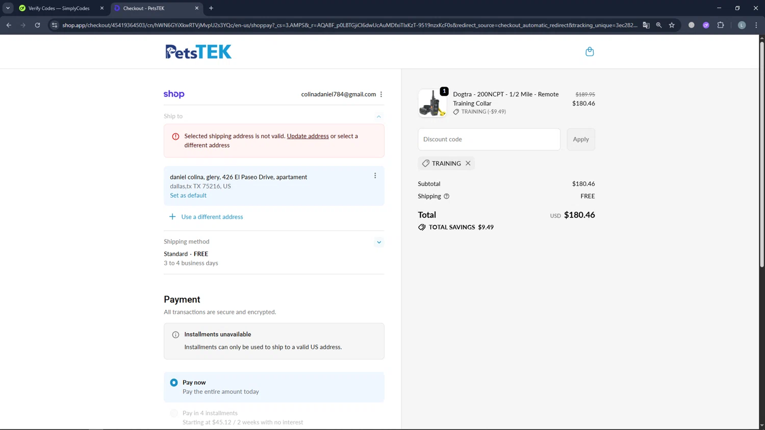 Petstek promo code screenshot showing code TRAINING applied at Petstek checkout page. Uploaded by SimplyCodes community member Lapoke30 on Dec 10, 2025