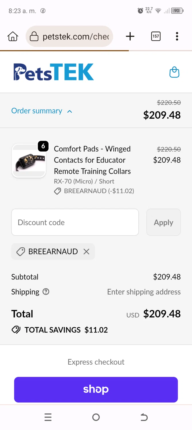 Petstek promo code screenshot showing code BREEARNAUD applied at Petstek checkout page. Uploaded by SimplyCodes community member BonusChaser4306 on Oct 29, 2025