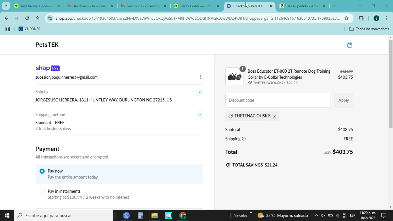 Petstek promo code screenshot showing code TheTenaciousK9 applied at Petstek checkout page. Uploaded by SimplyCodes community member ABHF23 on Feb 19, 2025