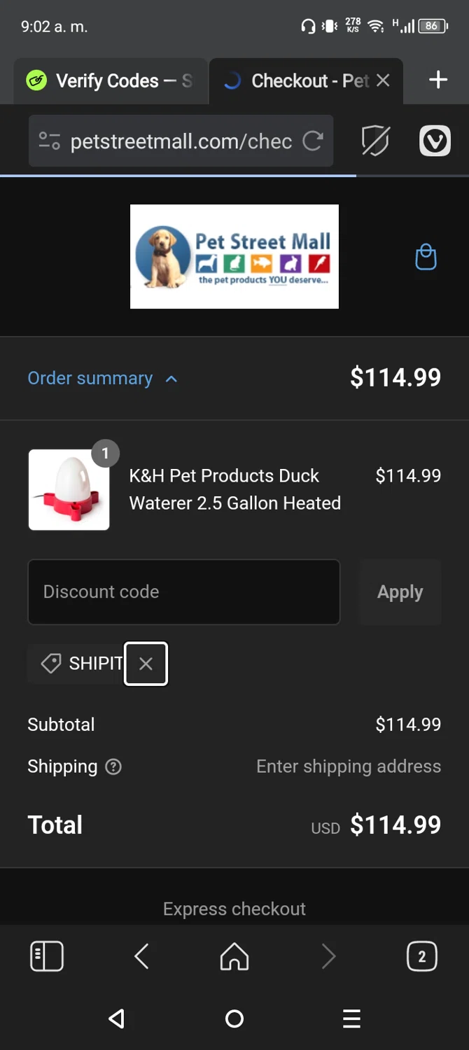 Pet Street Mall coupon code screenshot showing code SHIPIT applied at Pet Street Mall checkout page. Uploaded by SimplyCodes community member CarmenVGR on Jan 1, 2025