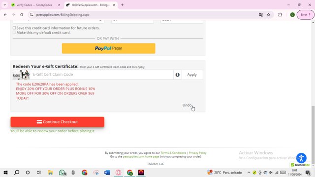 1800PetSupplies.com checkout page showing 1800PetSupplies.com promo code box | Screenshot taken by SimplyCodes community member on Aug 11, 2024