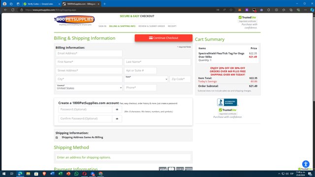 1800PetSupplies.com checkout page showing 1800PetSupplies.com promo code box | Screenshot taken by SimplyCodes community member on Aug 26, 2024